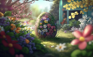 Obraz na płótnie Canvas Easter egg hunt in a blooming spring garden