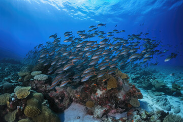 Fototapeta na wymiar a large group of fish swimming over a coral covered ocean, generative AI