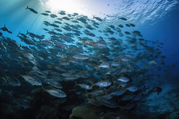 Fototapeta na wymiar a large group of fish swimming over a coral covered ocean, generative AI