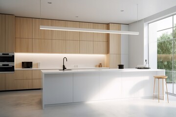 modern kitchen interior with sink and wood shelves