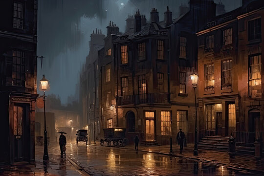 Fototapeta Old European city street landscape, night city in the rain painting, historical cityscape, London street of 19th century, generative AI