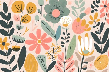 A playful and whimsical flower pattern, featuring a mix of various types of flowers in a bright and pastel color palette
