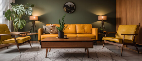 Mid-century modern interior design of a living room with a leather sofa and wooden coffee table. The room features a retro and stylish design