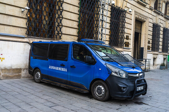 Gendarmerie (Jandarmeria) unit cars, military police, Romanian special forces. Concept of protection and security, cars parked in Bucharest, Romania, 2020
