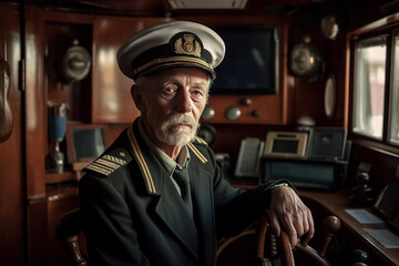portrait of an old sailor captain of ship in uniform in control room. Generative AI - obrazy, fototapety, plakaty