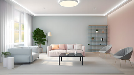 Naklejka na ściany i meble Modern contemporary living room with pastel colors Generative Art