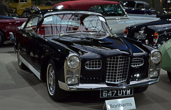 Paris, France - February 4, 2020: Bonhams 2020 sale at the Grand Palais in Paris. Focus on a black 1956 Facel Vega FV2 Coupé. Chassis no. FV2 56056.