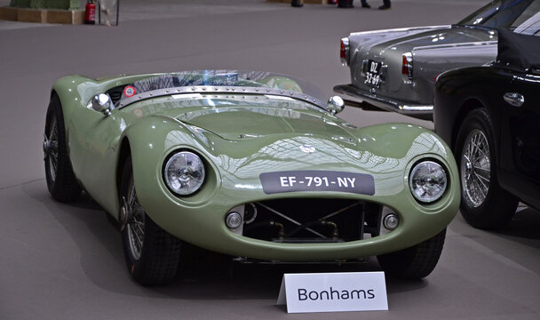 Paris, France - February 4, 2020: Bonhams 2020 sale at the Grand Palais in Paris. Focus on a green 1955 Elva Mk1/B Sports Racer. Chassis no. 100/B/41.