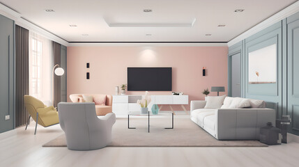 Naklejka na ściany i meble Modern contemporary living room with pastel colors Generative Art