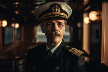 portrait of sailor ship captain in uniform in cabin of cruise boat. Generative AI - obrazy, fototapety, plakaty