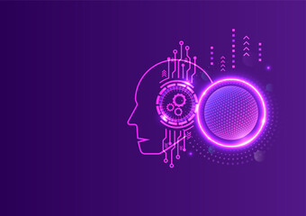 Obraz premium Artificial intelligence world. Chat with ai GPT. Technology communication, Purple background futuristic. Future cooperation. AI thinking. A world powered by AI