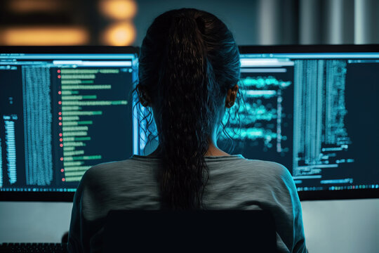 Back view of female software developer, coding scripts for cybersecurity company, programming at office table at triple pc monitor setup, creating new software for data protection. Generative AI