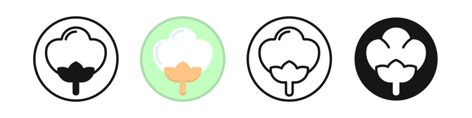 Fluffy cotton vector set. Cotton flower silhouette, 100% cotton sign