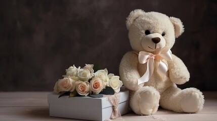 Teddy bear with gift and flowers Generative AI