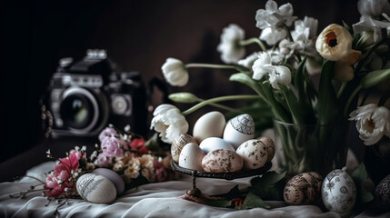 Obraz na płótnie Canvas Easter floral arrangement with vintage camera in the background, Generative AI technology