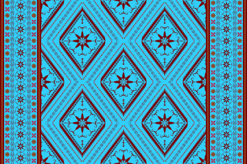 Ethnic folk geometric seamless pattern in cyan and red tone in vector illustration design for fabric, mat, carpet, scarf, wrapping paper, tile and more