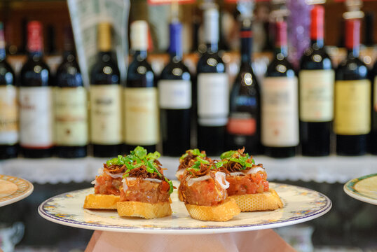 Plate of pinchos in a bar in San Sebastian in the Basque Country in Spain