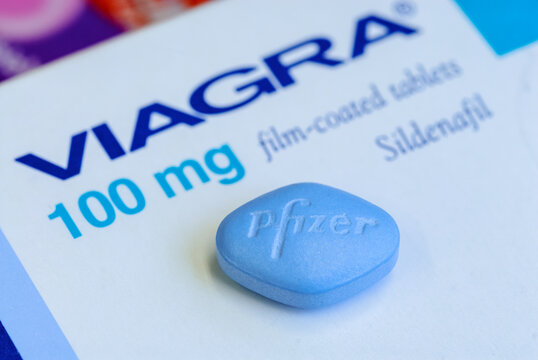 Close up of a Pfizer Viagra tablet