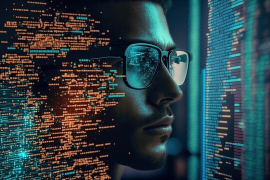 Closeup of male face in glasses looking at screen with digital code, developer coding new software, searching for errors, symbols reflecting on right side and glasses. Generative AI