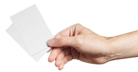 Hand holding two blank cards or tickets/flyers, cut out