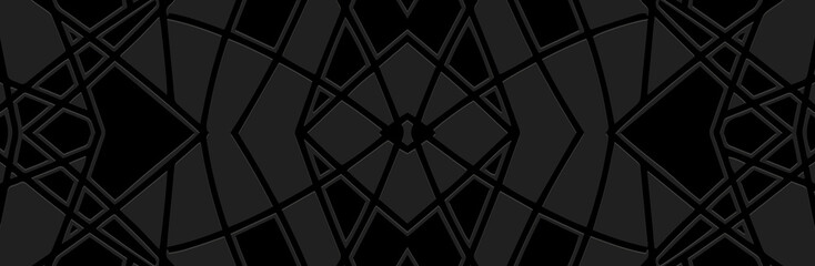 Banner, cover design. Embossed ethnic geometric 3D pattern on a black background of lines and shapes. Textures of East, Asia, India, Mexico, Aztecs, Peru. Creative original decor.