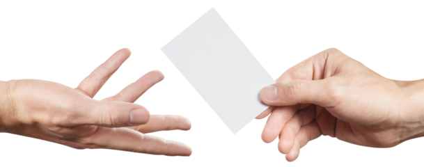 Hands sharing a blank card or a ticket/flyer, cut out