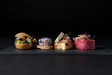 various gastronomic appetizers aligned isolated on a black background