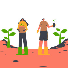 a couple of lovers are together planting plants to help reduce air pollution and make the earth green.
