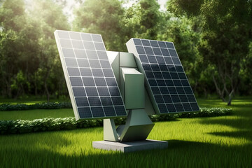 Solar panels stand in the park on the grass, alternative energy, Generative AI