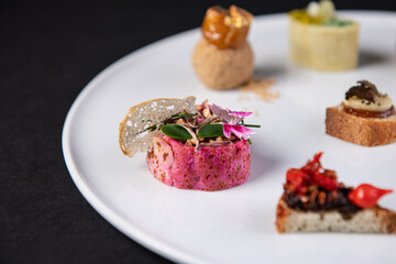 focus on various gastronomic appetizer art piece on a white plate and black background,culinary arts