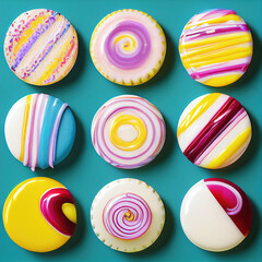 Many colorful handmade sweets candy on flat.Mix Sweets top view background