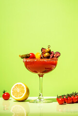 Barbecue bloody mary with bacon alcoholic cocktail drink with tomato juice, vodka, celery, hot...