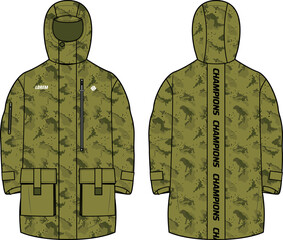 Camouflage Storm proof Coat Hoodie jacket design flat sketch Illustration, Hooded utility jacket with front and back view, winter jacket for Men and women. for hiker, outerwear and workout in winter © JERZEY DESINZ