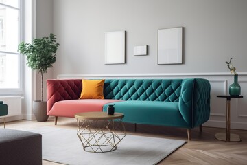 Colorful large sofa in a minimalist interior