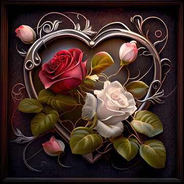 recommend clip art: Rose heart decoration Generative AI Valentines day card purple and red background with red heart with silver outline and red, pink and white roses in front beautiful composition drawing style