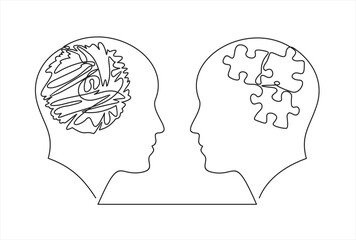 Head mind people with folded puzzle and confused thinking brain, continuous line. Disorder, chaos, confusion and order, mental balance, calm in thoughts. Logic and creative thinking