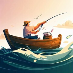 Fisherman fishing from boat illustration