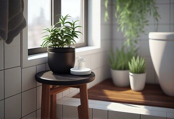 A bathroom with white tiles, a black stone sink, and a simple wooden stool. The only decoration is a small potted plant on the windowsill. Generative AI