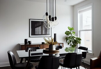 A dining room with white walls, a large wooden table, and black chairs with leather seats. The only decoration is a simple glass pendant lamp hanging from the ceiling. Generative AI
