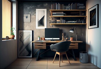 A home office with concrete walls, a wooden desk, and a simple black chair. The only decoration is a few books neatly arranged on the desk. Generative AI