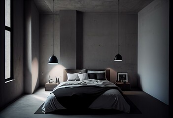 A bedroom with concrete walls and floors, a simple black bed frame, and white linens. The only light source is a single pendant lamp hanging from the ceiling. Generative AI