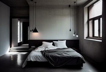 Fototapeta na wymiar A bedroom with concrete walls and floors, a simple black bed frame, and white linens. The only light source is a single pendant lamp hanging from the ceiling. Generative AI