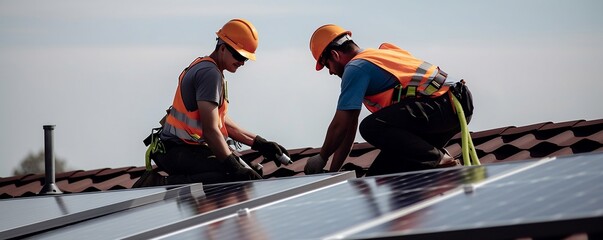 deux hommes en train d'installer des panneaux solaires sur le toit d'un pavillon - generative ai