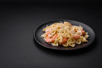 Delicious farfalle pasta with langoustine shrimp with creamy sauce