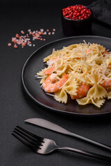Delicious farfalle pasta with langoustine shrimp with creamy sauce