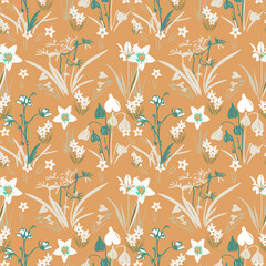  Vector seamless pattern of cute flat spring flowers. First blooming plants illustration. Great for textiles, bedding, tablecloth