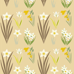 Vector seamless pattern of cute flat spring flowers. SEAMLESS PATTERN ON SWATCHES PANEL. First blooming plants illustration. Floral clip art collection.