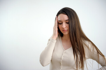 portrait of stressed sick woman with headache ill business woman suffers from vertigo, migraine, hangover, dizziness, health care concept on white background. Free from copy space High quality