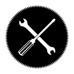 Wrench, screwdriver on Gear Cogwheel symbol. Tools and Service logo. Flat vector illustration