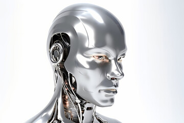 Metallic Robot Man on white background with copy space. Created with generative Ai technology. 
